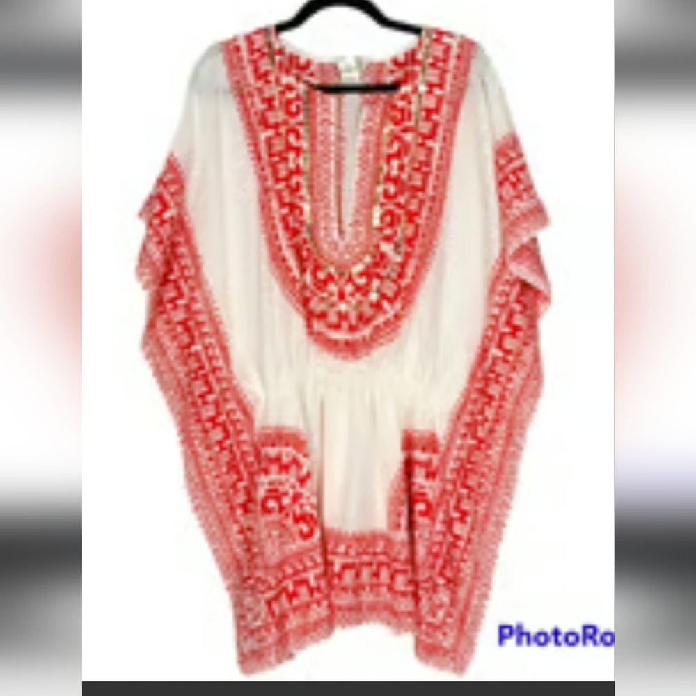 Trina Turk Red and White Embroidered Tunic